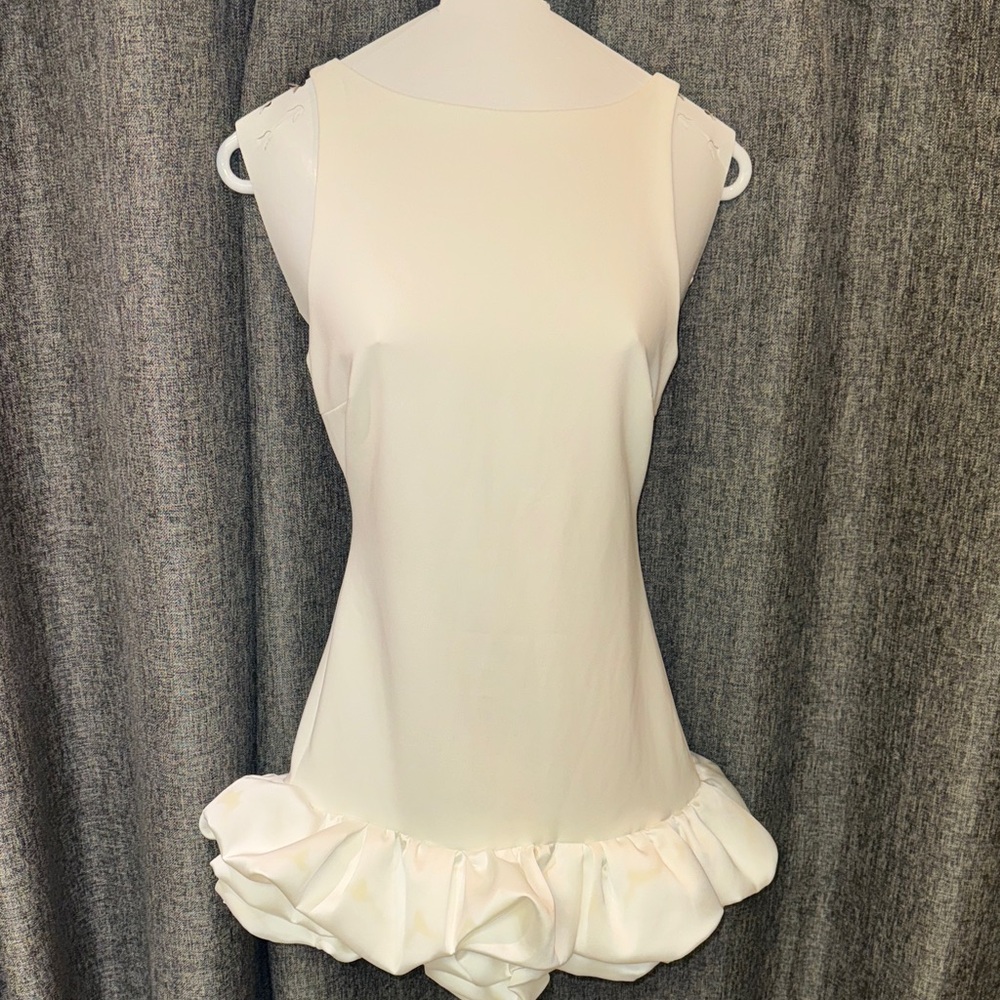 Zara White Bubble Crepe Dress with Silky Ruffle Hem